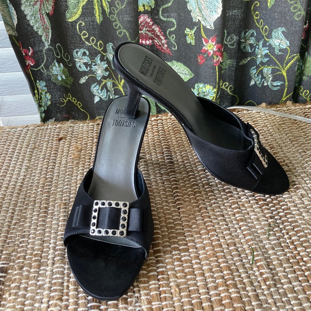 Mootsies Tootsies Black Satin Backless Heel  Sandal with Jewel Buckle 7.5
